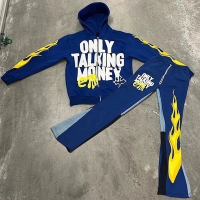 Custom Manufacturer Jogger Cotton Distressed Embroidery Zip up Cropped Hoodie Sweatsuits Flared Sweatpants Tracksuits for Men