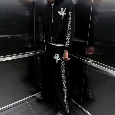 Rhinestone Puff Printing Logo Mens Zip Up Tracksuit Heavyweight Mens Sportswear Tracksuit