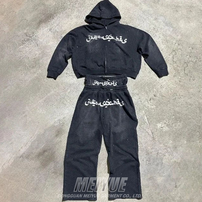 Custom Screen Logo Acid Washed Tracksuit Sun Faded Hoodies Streetwear Tracksuit