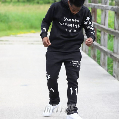 Raw Hem 3d Puff Printing Cut Edge Streetwear Tracksuit Hoodie Jogging Suit