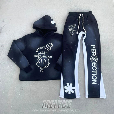 Cropped Raw Hem Hoodies And Jogger Set Flare Leg Tracksuit 3d Puff Print Antistatic