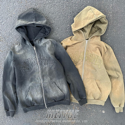 OEM Vintage Oversized Zip Up Hoodie Applique Embroidery Hoodie Silk Screen Printing
