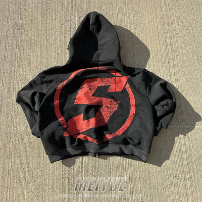 Custom Vintage Distressed Acid Washed Hoodie DTG Logo Streetwear Zipper Hoodie