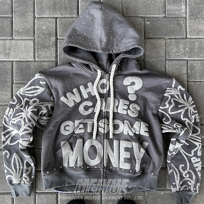 Custom Zip up Rhinestone Hoodies Acid Wash Gray Vintage Puff Print Hoodie Heavyweight Drop Shoulder Men's Hoodies & Sweatshirts