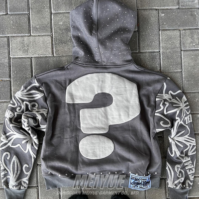 Custom Zip up Rhinestone Hoodies Acid Wash Gray Vintage Puff Print Hoodie Heavyweight Drop Shoulder Men's Hoodies & Sweatshirts