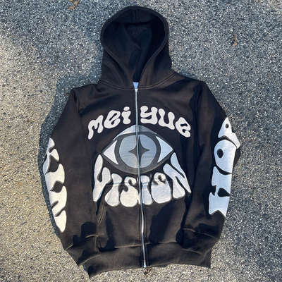 Custom Puff Print Hoodie Zip up French Terry Tech Fleece Hoodies Casual Plus Size Unisex Heavy Cotton Streetwear Men