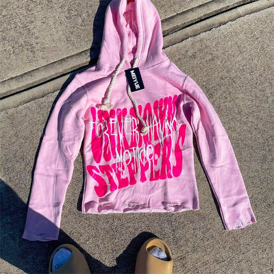 Custom Men Hoodies Puff Print Cut Edge Cropped Hoodie Men Drawstring Distressed Hoodies 100% Cotton Pullover Streetwear
