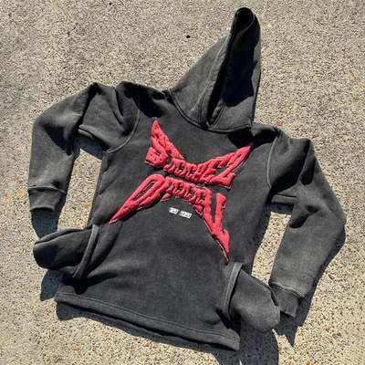 kaufen Custom Heavyweight Raw Hem Cut Edge Hoodies Puff Print Logo Säure Waschen Sonne verblasste Vintage Hoodies Schneiden und Nähen Übergroße Streetwear Online-Herstellung