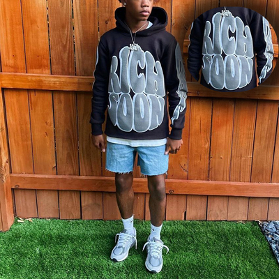 kaufen Neues Design Bekleidung Hersteller Custom Schwergewichts 100% Baumwolle Schwarz Custom 3D Puff Druck Schnitt Rand geschnitten Roh Hem Hoodies Online-Herstellung