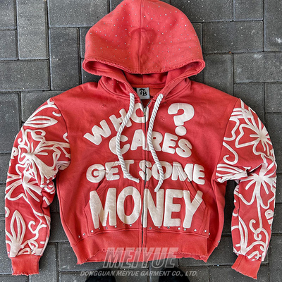 Custom Zip up Rhinestone Acid Washed Vintage Puff Print Hoodie Distressed Oversized Drop Shoulder Streetwear Hoodie 500 Gsm