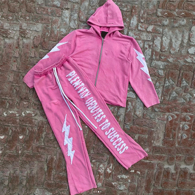 Breathable Zip Up Cropped Sweatshirt Set Applique Embroidered Patch Unisex Track Suits