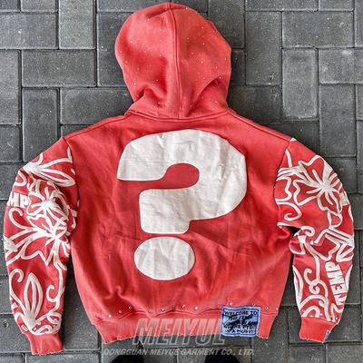 Custom Zip up Rhinestone Acid Washed Vintage Puff Print Hoodie Distressed Oversized Drop Shoulder Streetwear Hoodie 500 Gsm