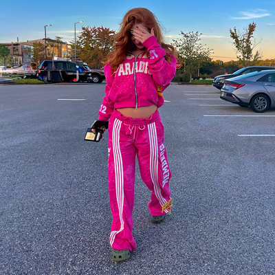 Custom Manufacturer Sweatsuit Acid Wash Distressed Zip up Rhinestone Cropped Hoodie and Sweatpants Outfits Set Women Tracksuit
