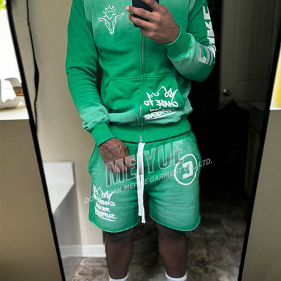 kaufen Custom Zip Up Hoodie Säure Waschen 3D Puff Drucken Vintage Retro Waschen Zipper Sommer Hoodie und kurze Set Männer Online-Herstellung