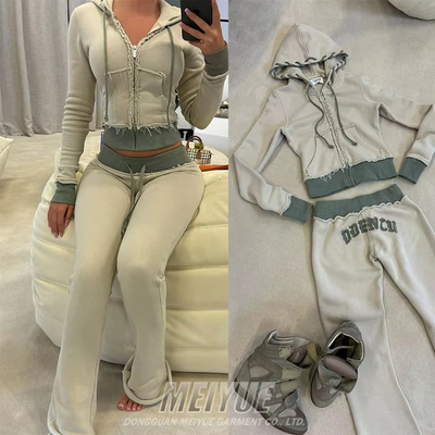 Custom Embroidery Distressed Crop Top Hoodie Joggers Set  Womens Two Piece Set