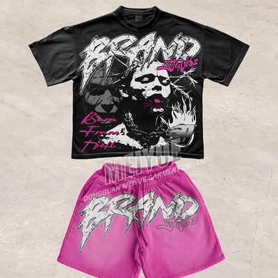 Summer Boxy Dtg Crack Screen Print Men's Shorts Set Acid Wash Vintage Tshirt Shorts Set 2 Piece Short Set Custom Logo