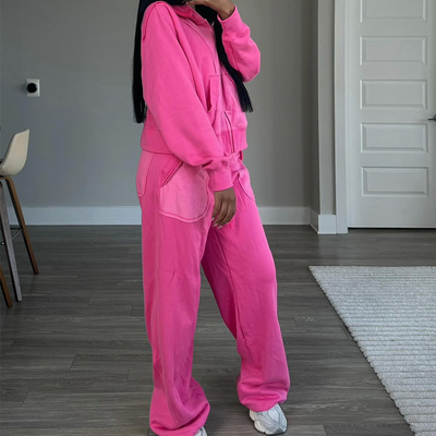 Breathable Womens Streetwear Tracksuit Distressed Zip Up Plain Joggers Two Piece Set