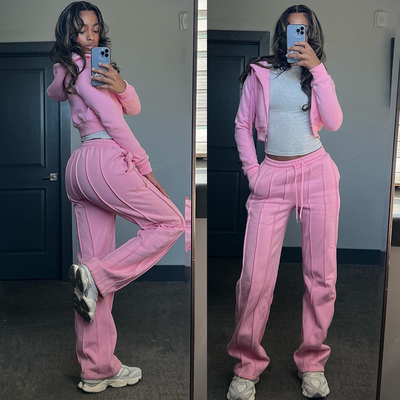 kaufen Custom Stickerei Bedrängte Crop Top Reißverschluss Hoodie Schweiß Jogger Hosen Frauen Bedrängte 2 Stück Sweatpants und Hoodies Set Online-Herstellung