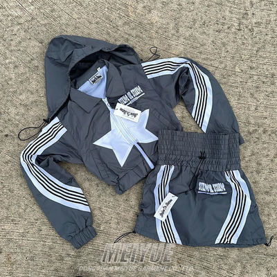 Custom Techwear Windbreaker Zip up Nylon Stripe Ribbed Detachable Hooded Cropped Jacket Hoodie and Shorts Set Tracksuits for Men