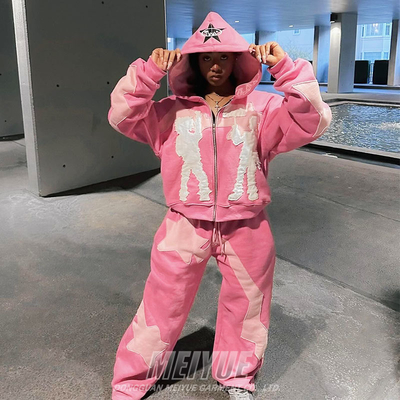 kaufen Custom Stickerei Hoodie Schweiß Hosen Tracksuit Notleidender Pullover Unisex Schweiß 2 Stück Anzüge Hoodie und Sweatpants Frauen Set Online-Herstellung