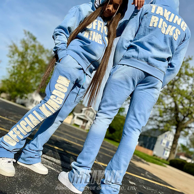 ODM Distressed Tracksuit Full Face Zip Up  Sweatshirt And Joggers Set Puff Embroidered