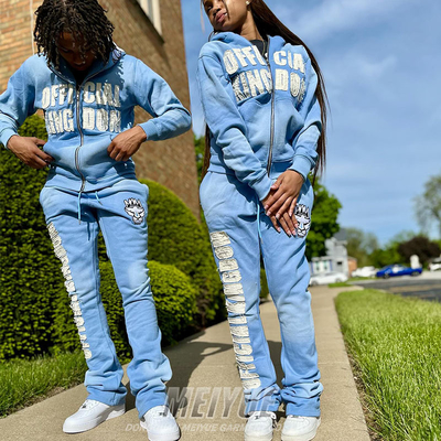 ODM Distressed Tracksuit Full Face Zip Up  Sweatshirt And Joggers Set Puff Embroidered