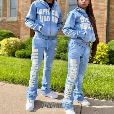 Custom Distressed Streetwear Full Zip up 2 Piece Hoodie Slim Fit Jogging Suits Puff Embroidery Sweatpants and Hoodie Women Set