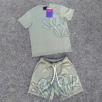 Custom Logo Applique Embroidery Patches High Street Print Tees T Shirt Trendy Short Sleeve Cotton Tracksuit Short Sets for Men