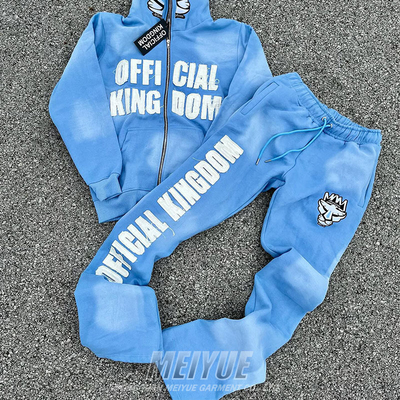 Custom Distressed Streetwear Full Zip up 2 Piece Hoodie Slim Fit Jogging Suits Puff Embroidery Sweatpants and Hoodie Women Set