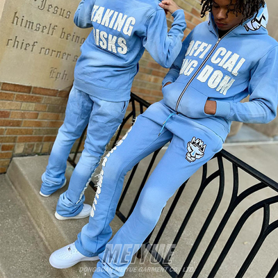 Custom Distressed Streetwear Full Zip up 2 Piece Hoodie Slim Fit Jogging Suits Puff Embroidery Sweatpants and Hoodie Women Set