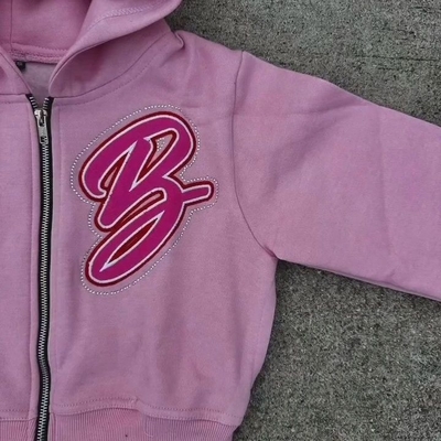 Custom Manufacturer Jogger 100% Cotton 3d Embroidery Rhinestone Zip up Cropped Hoodie Sweatsuits Women Sweatpants and Hoodie Set
