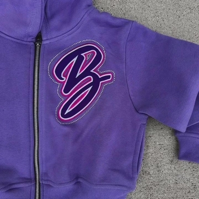 Custom Manufacturer Jogger 100% Cotton 3d Embroidery Rhinestone Zipper up Cropped Hoodie Jogging Sweatsuits Women Autumn Set