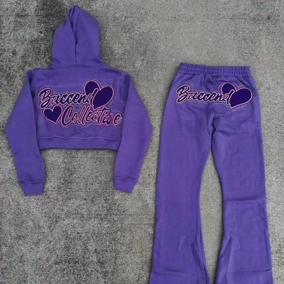 Custom Manufacturer Jogger 100% Cotton 3d Embroidery Rhinestone Zipper up Cropped Hoodie Jogging Sweatsuits Women Autumn Set