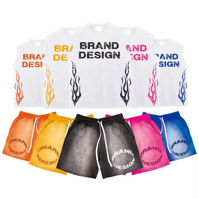 Beli Acid Wash Short Set Vintage Streetwear Screen Print Drop Shoulder Cotton Set T-shirt Pria Set T-shirt dan celana pendek tanpa lengan pembuatan online
