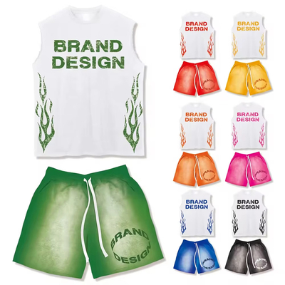Acid Wash Short Set Vintage Streetwear Screen Print Drop Shoulder Cotton Men's T-shirt Sets Sleeveless T Shirt and Shorts Set