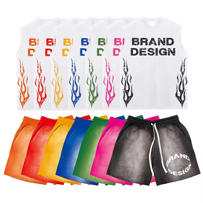 Acid Wash Short Set Vintage Streetwear Screen Print Drop Shoulder Cotton Men's T-shirt Sets Sleeveless T Shirt and Shorts Set