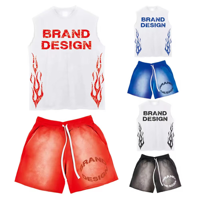 Acid Wash Short Set Vintage Streetwear Screen Print Drop Shoulder Cotton Men's T-shirt Sets Sleeveless T Shirt and Shorts Set