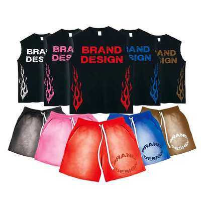 Acid Wash Short Set Vintage Streetwear Screen Print Drop Shoulder Cotton Men's T-shirt Sets Sleeveless T Shirt and Shorts Set
