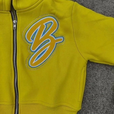 Custom Jogger 100% Cotton 3d Embroidery Rhinestone Zipper up Cropped Hoodie Jogging Sweatsuits Women Sweatpants and Hoodie Set