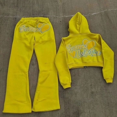 Custom Jogger 100% Cotton 3d Embroidery Rhinestone Zipper up Cropped Hoodie Jogging Sweatsuits Women Sweatpants and Hoodie Set