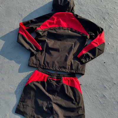 Custom Nylon Windbreaker Short Set Hoodie and Shorts Tracksuit Suit Plaid Pleated Fabric 2 Piece Zip up Jacket and Shorts Set