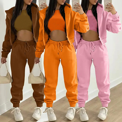 Cropped Pullover Ladies Sweat Suits Jogging Suits For Women Solid Pattern