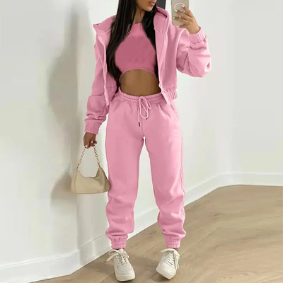 Cropped Pullover Ladies Sweat Suits Jogging Suits For Women Solid Pattern
