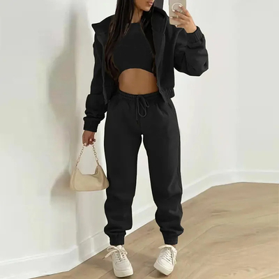 Cropped Pullover Ladies Sweat Suits Jogging Suits For Women Solid Pattern