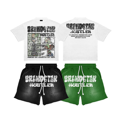 Custom Acid Wash Vintage Short Set Cropped Boxy T Shirts Cotton Streetwear Shorts T-Shirt Dtg Print Crop Tshirt and Shorts Set