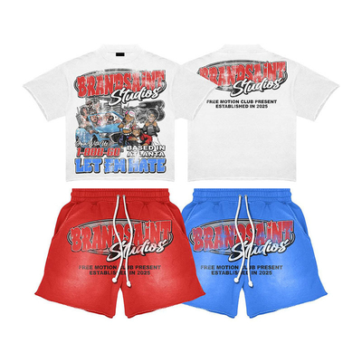 Custom Acid Wash Vintage Short Set Cropped Boxy T Shirts Cotton Streetwear Shorts T-Shirt Dtg Print Crop Tshirt and Shorts Set