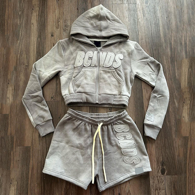 Women Distress Two Piece Hoodie Set Cotton Fitted Zipper Tracksuit Embroidery Sweatsuits Sun Faded Cropped Hoodie and Shorts Set