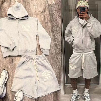 Custom Unisex Sweatsuits Cotton Jogger Suits 2 Piece Set Patchwork Screen Print Plain Baggy Tracksuit for Men Hoodie Short Set