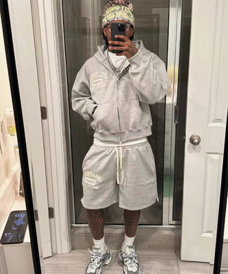 Custom Unisex Sweatsuits Cotton Jogger Suits 2 Piece Set Patchwork Screen Print Plain Baggy Tracksuit for Men Hoodie Short Set