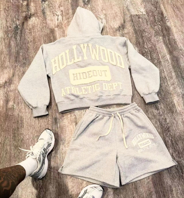 Custom Unisex Sweatsuits Cotton Jogger Suits 2 Piece Set Patchwork Screen Print Plain Baggy Tracksuit for Men Hoodie Short Set